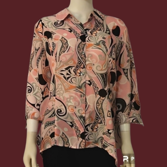 VTG KATHY CHE Pink Floral Mod Chiffon Button Down Assymetric Collared Shirt - Picture 1 of 9